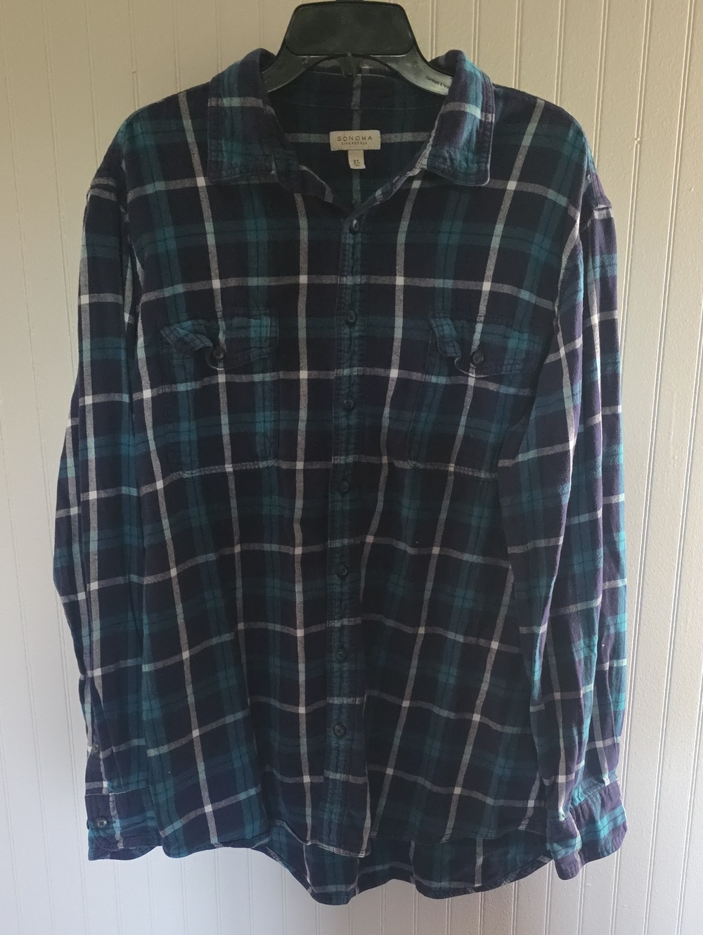 Sonoma Girls' Plaid Button-Down Shirt - Navy & Teal Xl.